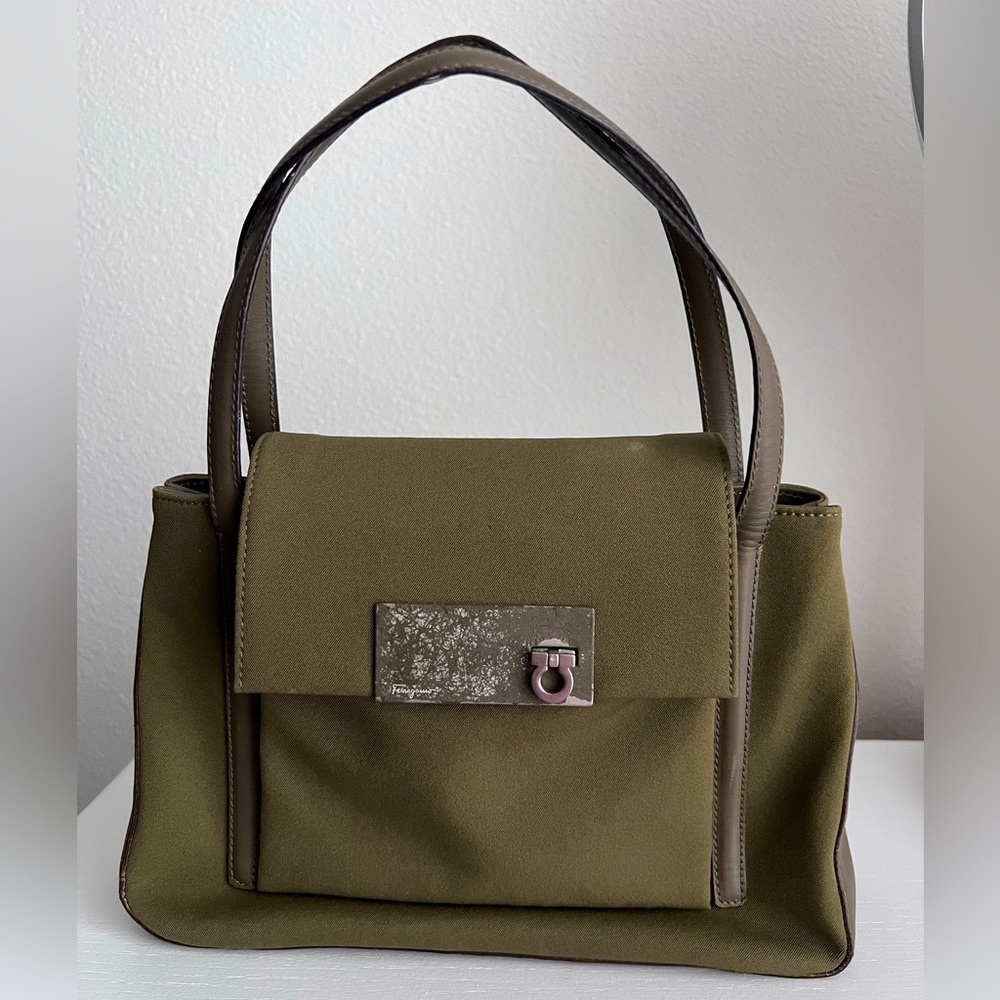 Salvatore Ferragamo Canvas Navy Green Handbag Authentic